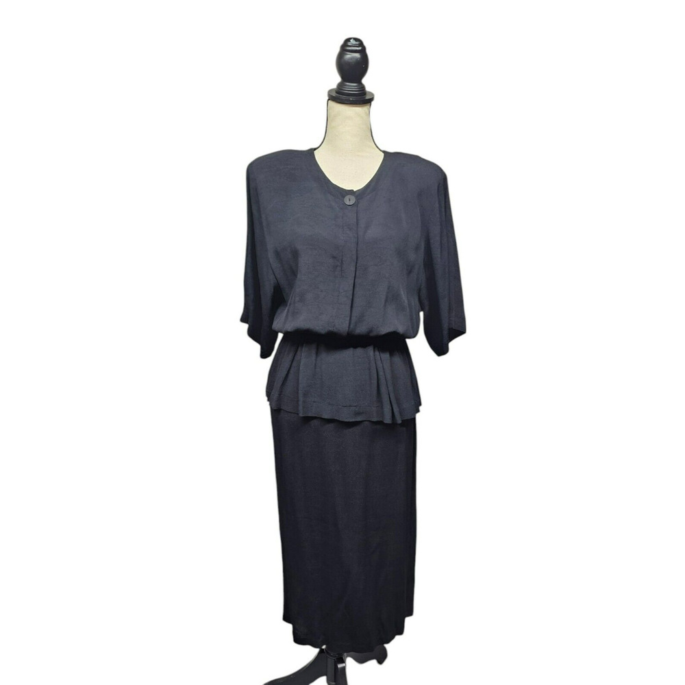 Vtg Phoebe Womens Dress Size 11-12 Black Peplum Midi Office Whimsigoth 80s Rayon